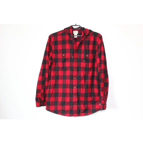 L.L. Bean Men's Scotch Plaid Flannel Hooded Shirt Tartan Red Large Tall H13844 - Picture 2 of 10